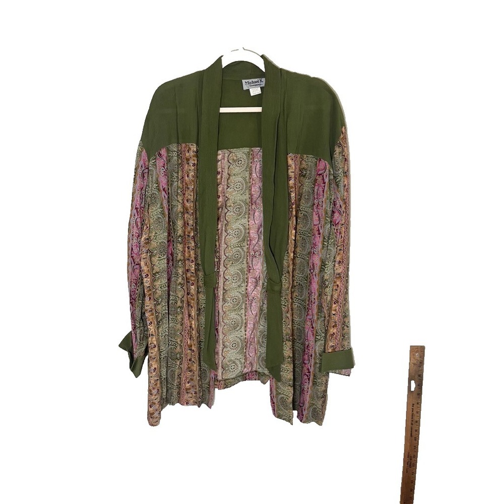 Vintage Floral Patchwork Striped Cardigan Green 1X Boho Indie Folk Peasant 1980s
